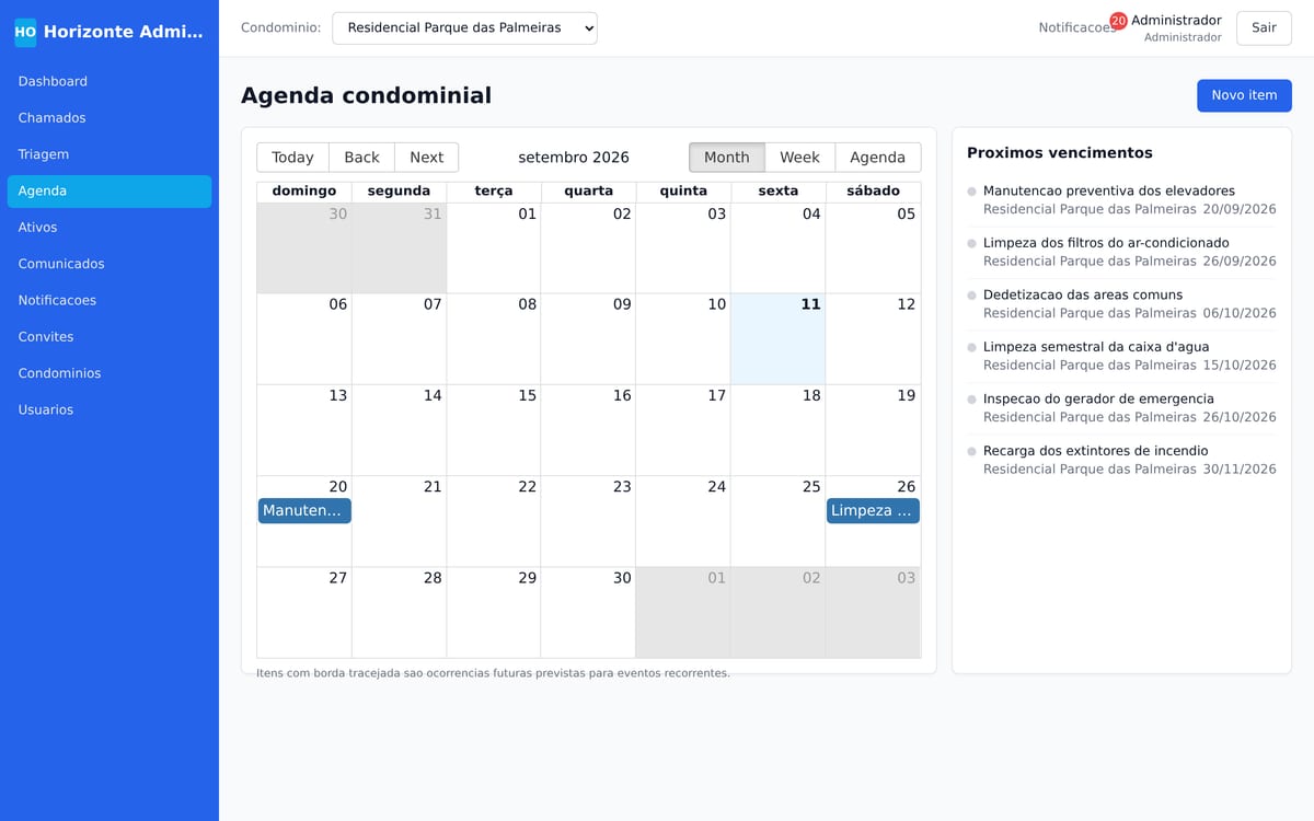 Agenda preventiva em calendário com os próximos vencimentos das manutenções recorrentes