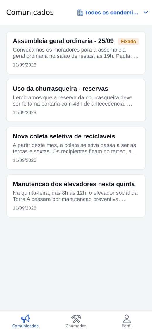 Aplicativo do condômino mostrando o mural de comunicados do condomínio